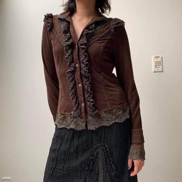 (SOLD) Fairy Grunge Lace Brown Button-Up - Picture 1 of 5